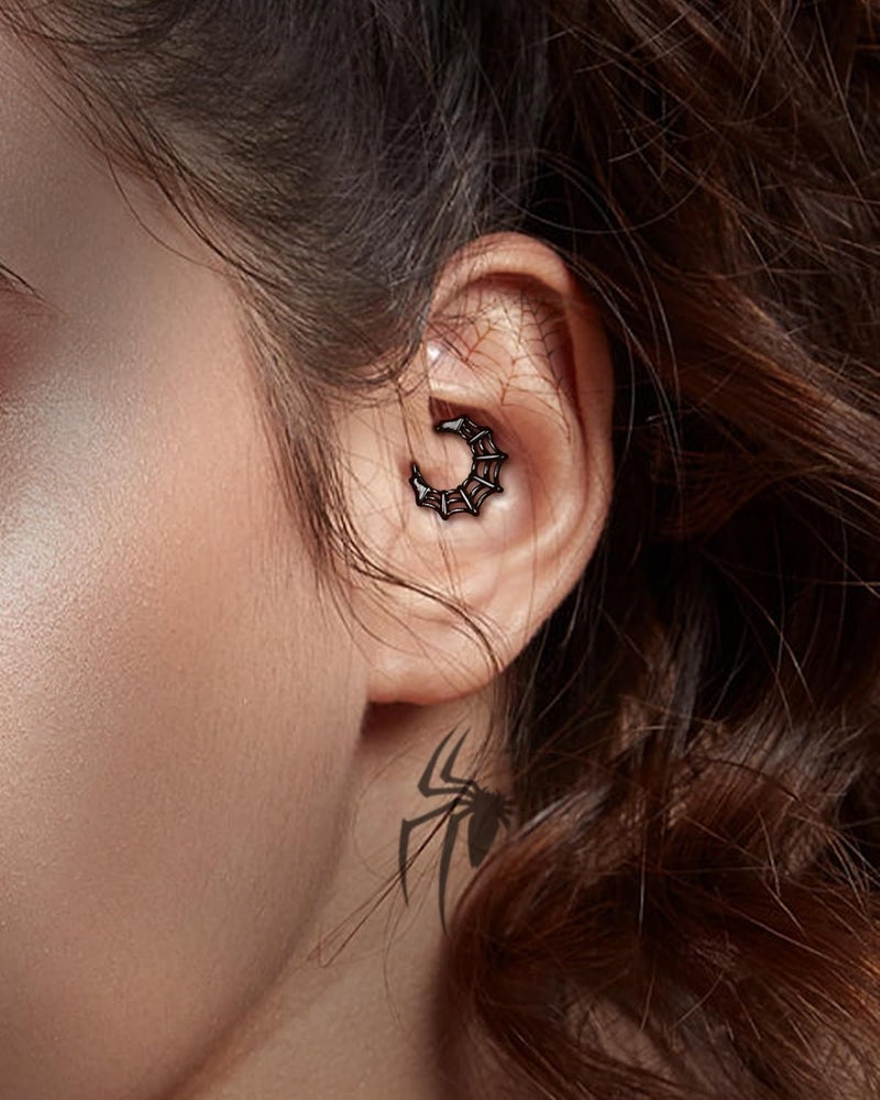 COCHARM 16G Septum Ring Spider Web Halloween Septum Nose Rings Silver Black Daith Earrings for Women 316L Stainless Steel Daith Piercing Jewelry - Image 3